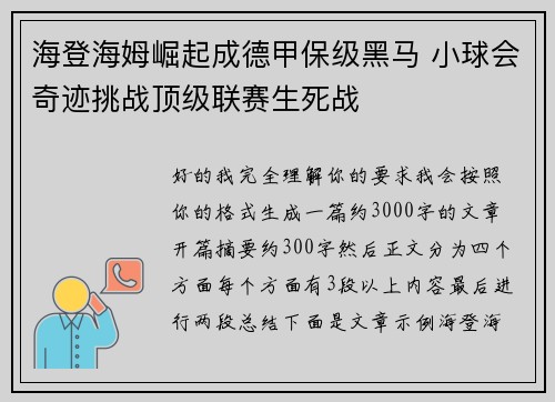 海登海姆崛起成德甲保级黑马 小球会奇迹挑战顶级联赛生死战